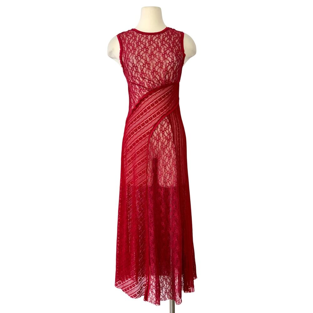 Urban Outfitters Maxine Sheer Mesh Knit Lace Midi Dress in Red XS
